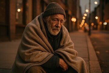 Homeless Man Street Urban Poverty Social Issue Evening Lights Compassion Help