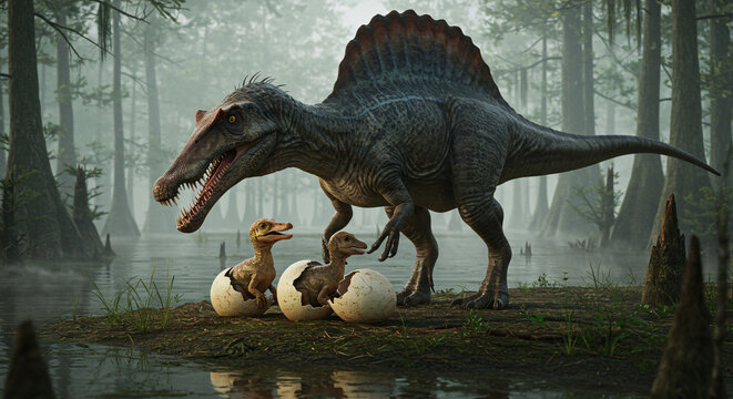 baby dinosaur hatching an egg with sibling in the jungle and forest 
