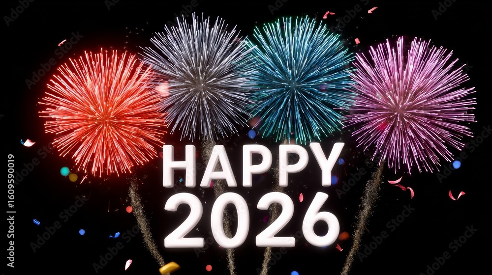 Poster fireworks display with the words happy 2016 written below it. the fireworks are in different colors 