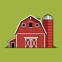 Classic Red Barn with Attached Silo Illustration.