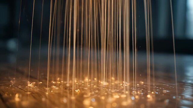 Shimmering Liquid Strands Falling on Wooden Surface with Rippling Highlights