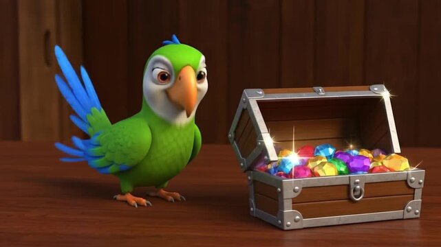 Cartoon parrot stands next to an open treasure chest filled with colorful jewels on a wooden surface.