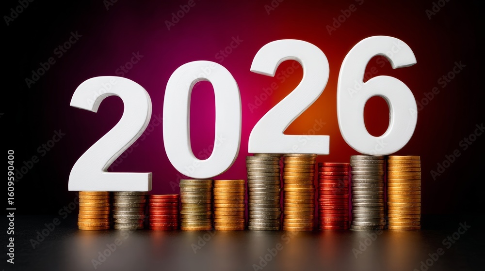 Poster stack of coins and the number twenty-six. the coins are arranged in a way that they form the letters