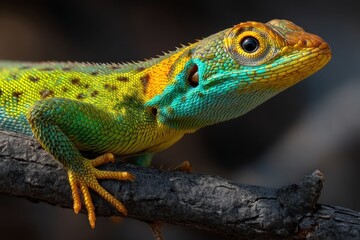 Fototapeta premium Close-up of a vibrant green and blue lizard perched on a dark branch, showcasing intricate scales and bright eyes.