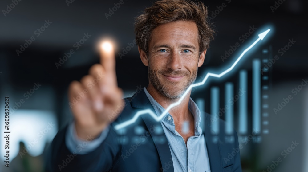 Aufkleber man is pointing at a graph with a smile on his face. the graph shows a positive trend, which could b