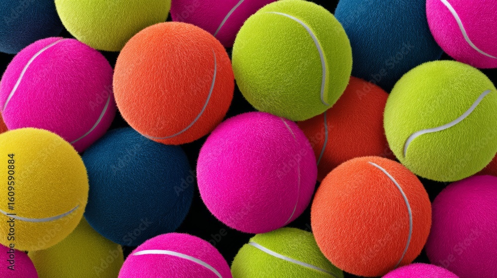 Poster bunch of tennis balls in various colors are piled on top of each other. the balls are fuzzy and appe