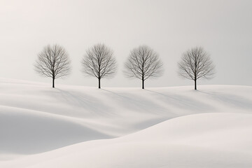 Fototapeta premium Minimalist winter landscape with four bare trees in a row on snowy hills, serene nature scene with soft light and shadows