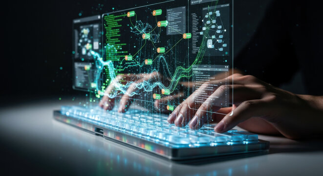 Focused hand typing on futuristic illuminated keyboard, interacting with holographic screen. Data analysis and charts glow in dark office, representing modern business technology