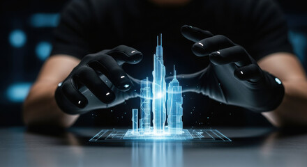 Focused man with haptic glove creating futuristic city hologram. Innovative virtual reality technology showing digital building project and architecture in metaverse