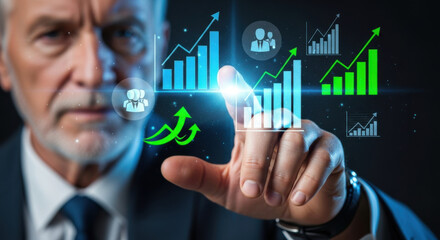 Focused senior businessman touching futuristic digital interface with glowing chart and graph. Concept for technology, finance, business growth, and data analysis
