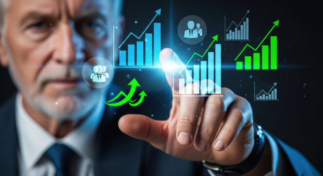Focused senior businessman touching futuristic digital interface with glowing chart and graph. Concept for technology, finance, business growth, and data analysis