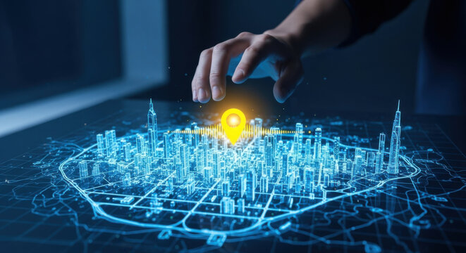 Human hand touching glowing hologram city map for futuristic navigation. person uses technology to pinpoint location with pin on digital network of smart city - Powered by Adobe