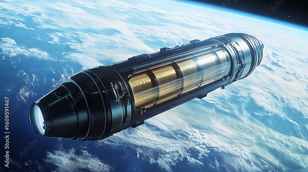 Poster a futuristic spacecraft with golden capsules floating above a cloudy earth atmosphere view from spac