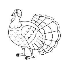 Doodle illustration of cartoon outline turkey for coloring book isolated on white background. Black and white hand drawn poultry for kids