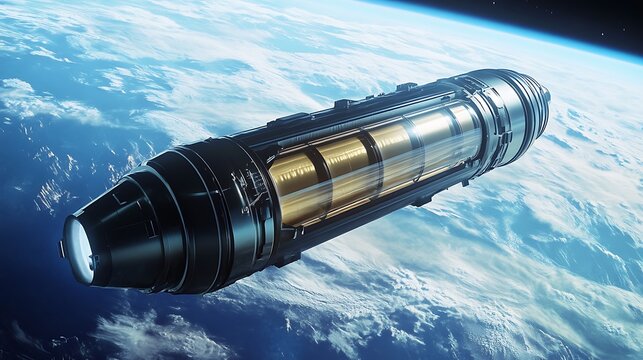 A futuristic spacecraft with golden capsules floating above a cloudy earth atmosphere view from space