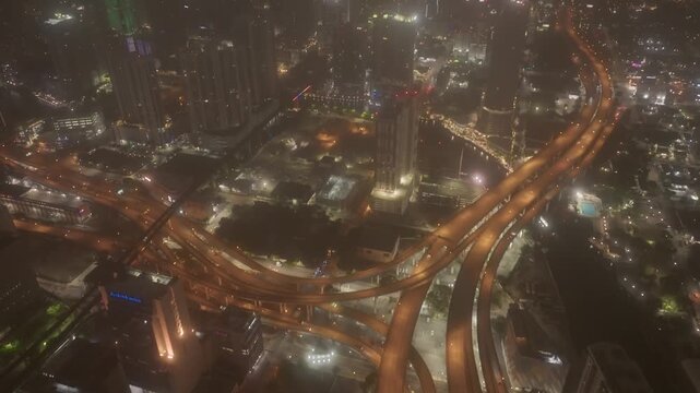 Cinematic aerial reveal shot of Brickell Miami&rsquo;s I95 at night &ndash; skyline, cars, city lights