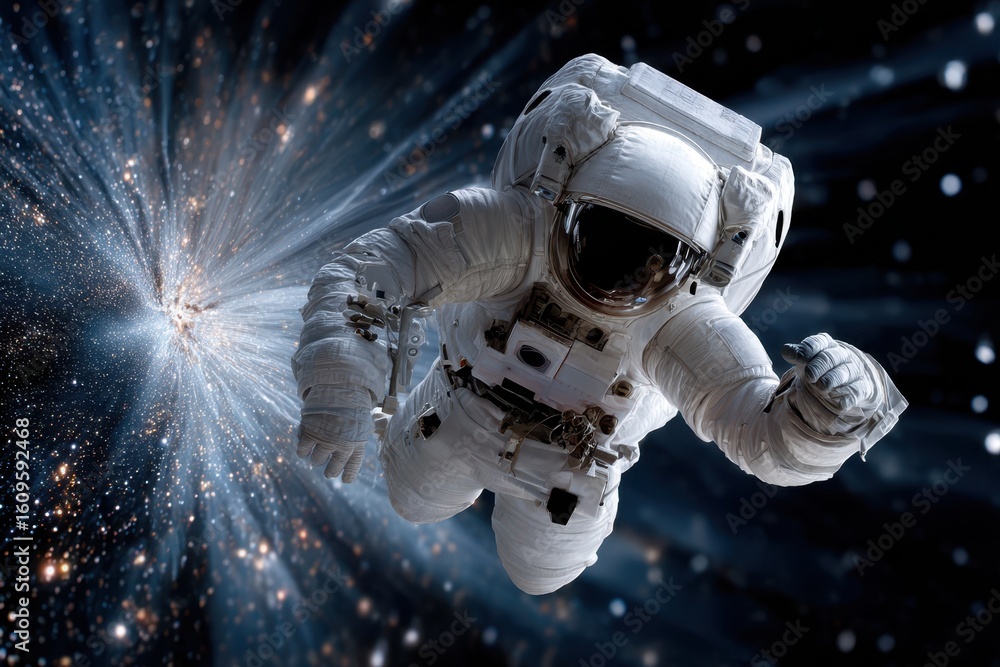 Poster astronaut exploring deep space surrounded by stars and cosmic elements