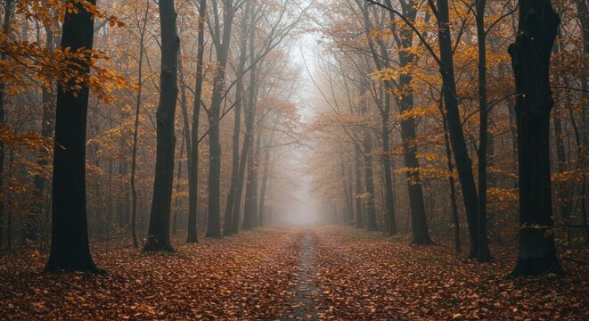Autumn forest path covered in fallen leaves with trees shrouded in mist