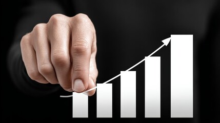 Hand is pointing at a graph with a line going up. The graph is labeled "growth" and the hand is on the number 1