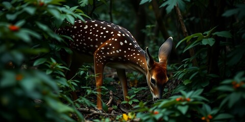 Fototapeta premium A young deer with white spots grazing in the forest surrounded by green leaves and small red berries