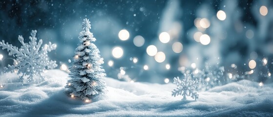 A small snow-covered Christmas tree and decorative snowflakes set against a soft blue, bokeh-lit winter background.