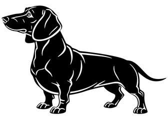 Black and white silhouette of a dachshund looking left