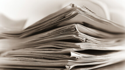 An artistic arrangement of stacked newspapers in monochrome tones.
