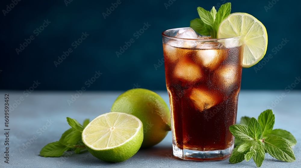 Poster glass of soda with a lime slice on top. the lime slices are on a table next to the glass