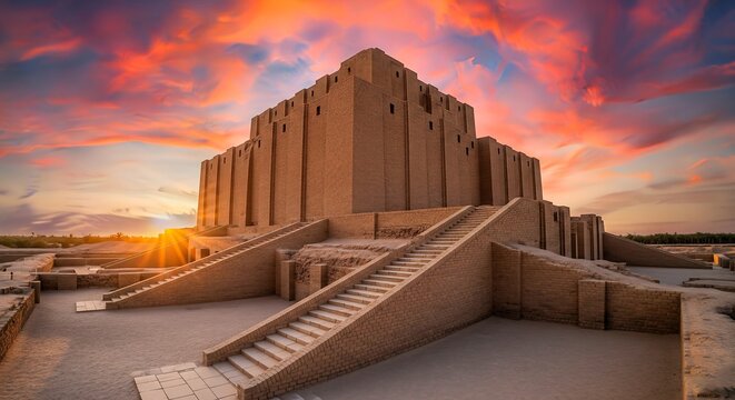 Majestic view of the ancient mesopotamian ziggurat of ur reflecting the setting sun's golden light over the archaeological site.
