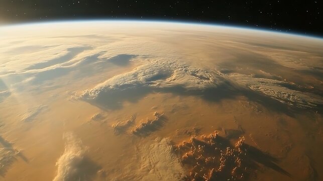 A view of earth from space with clouds and a visible horizon with a warm golden light casting over