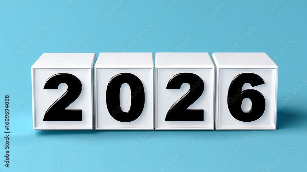 Poster white cube with black numbers and letters on it. the numbers are 2026. the cube is on a blue backgro
