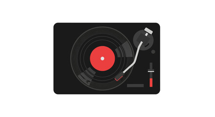Fototapeta premium Modern black turntable with a vinyl record, white tonearm, and red label, in a flat design style.