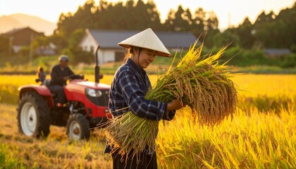Obraz premium 赤いトラクターと稲穂を収穫する農家