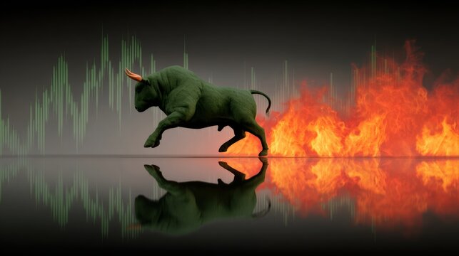 Bull is running through a field of fire. The bull is green and has horns. The fire is orange and is in the background