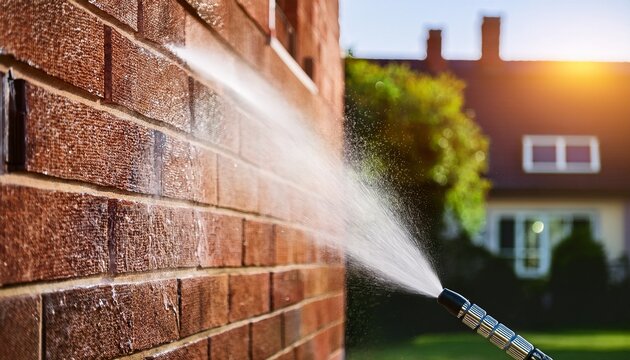 pressure washer cleans brick facade wall house water stream removes dirt grime pro exterior cleaning residential home improving look property power washing service offers maintenance
