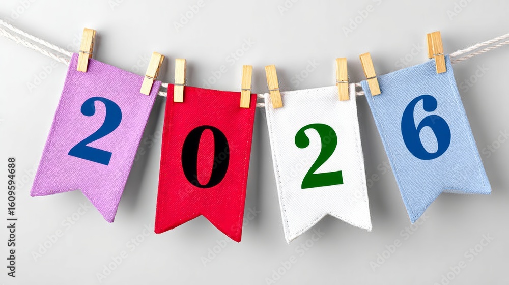 Poster string of colorful flags with the number twenty-six hanging from a clothesline. the flags are arrang