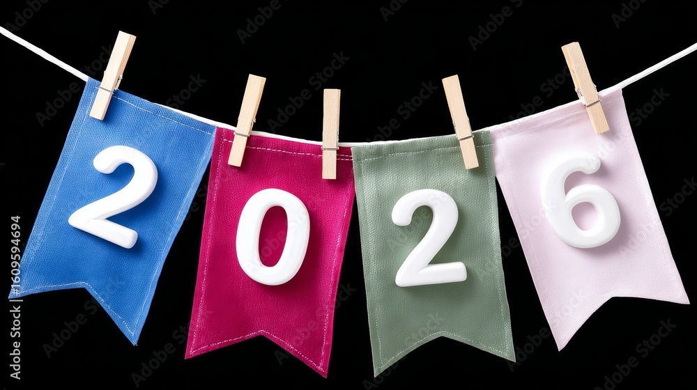 Poster string of colorful flags with the numbers 2026 hanging from a clothesline. the flags are arranged in