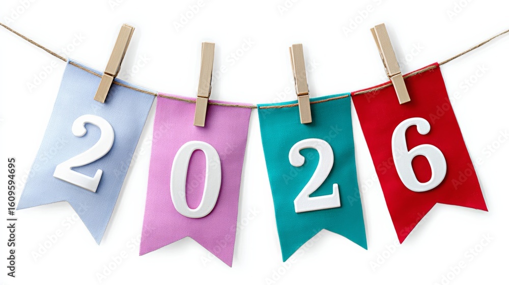 Poster string of colorful flags with the numbers 20 and 26 hanging from it. the flags are hanging from a cl