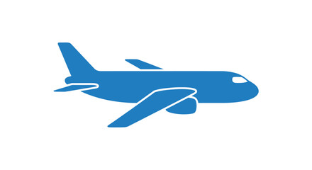 Obraz premium Solid blue passenger jet icon with swept-back wings and tail, depicted in a clean, flat design.