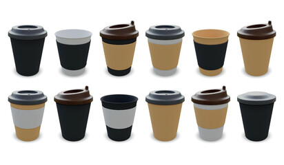 Coffee cup. White paper mug, 3d takeaway hot drink cover or blank plastic lid holder, isolated set. Menu realistic elements. Espresso and cappuccino cardboard packaging, vector glasses mockup