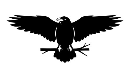Obraz premium Stylized black raven silhouette perched on a branch with its wings spread wide.