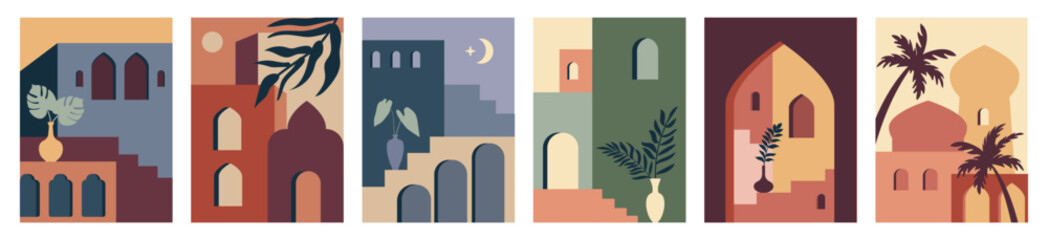 Abstract architecture. Moroccan arch, Morocco building door in oriental contemporary geometric style. Window view with minimalistic landscape. Palm tree in desert. Vector simple posters