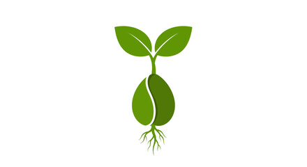 Obraz premium Stylized green seedling icon showing a plant sprouting from a split seed with two leaves and visible roots.