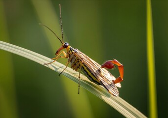 Male Scorpionfly (Panorpa) Perched on a Blade of Grass