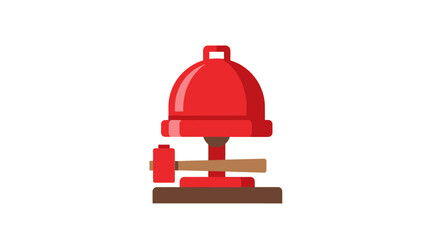 Fototapeta premium Stylized red emergency alarm bell with a wooden hammer, depicted in a flat design icon style.