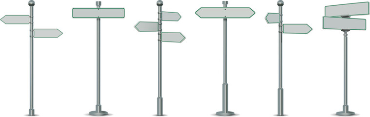 Street sign. Road post signage. Signpost on metal pole. Arrow board. Destination guide. Realistic location pointers. Metallic steel stick. Traffic roadsign. Vector isolated signboards set