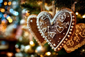 Christmas Heart Gingerbread Cookies Hanging on Tree, White Icing, Blurred Lights, Festive, Warm Tones, Macro Close-Up, Holiday Season, Baking, Decoration, Sweet Treat