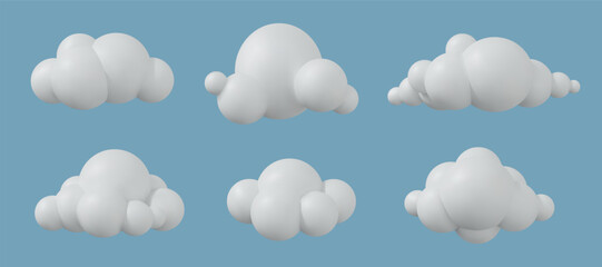 3d cloud. Sky cartoon icon, white cotton balloon on blue cute shape. Soft circle air bubble, nature smoke. Render isolated glossy icons, weather symbols, meteorology vector background