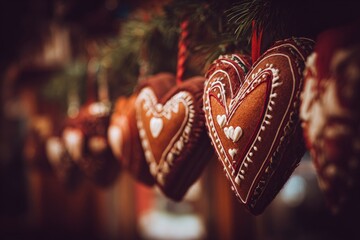 Festive Christmas market close-up featuring detailed heart-shaped gingerbread cookies hanging from a garland, warm tones, bokeh background, holiday mood