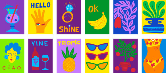 Summer posters set. Retro cocktail kitchen print, background for postcard or vintage trendy wall. Doodle lemon, wine and fruits flyer decor. Summertime journey card vector wallpaper design